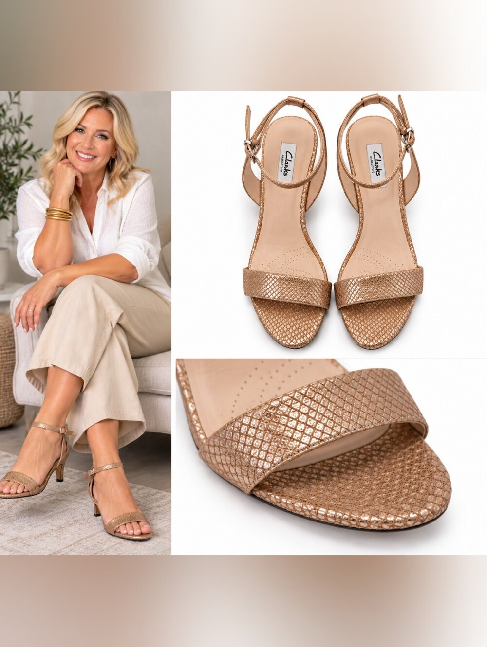 Clarks Women's Metallic Rose Gold Open-Toe Ankle-Strap Heels